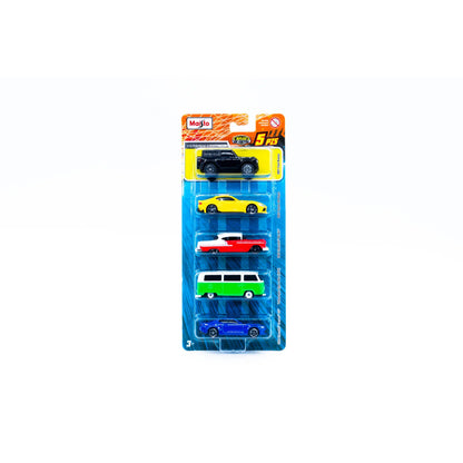 Juego de cinco carros de diferentes colores en empaque, juguete ideal para niños