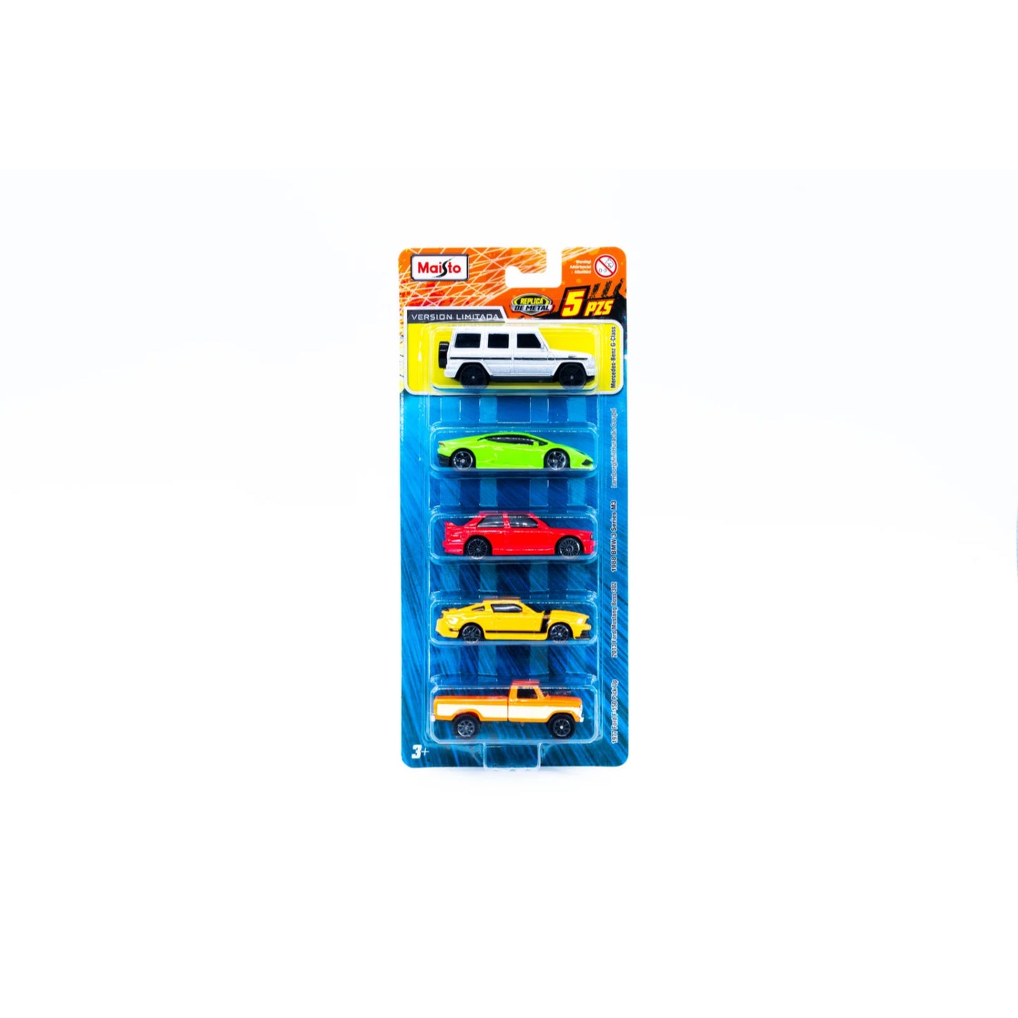 Juego de carros de Maisto en colores variados, vista frontal con cinco vehículos en empaque