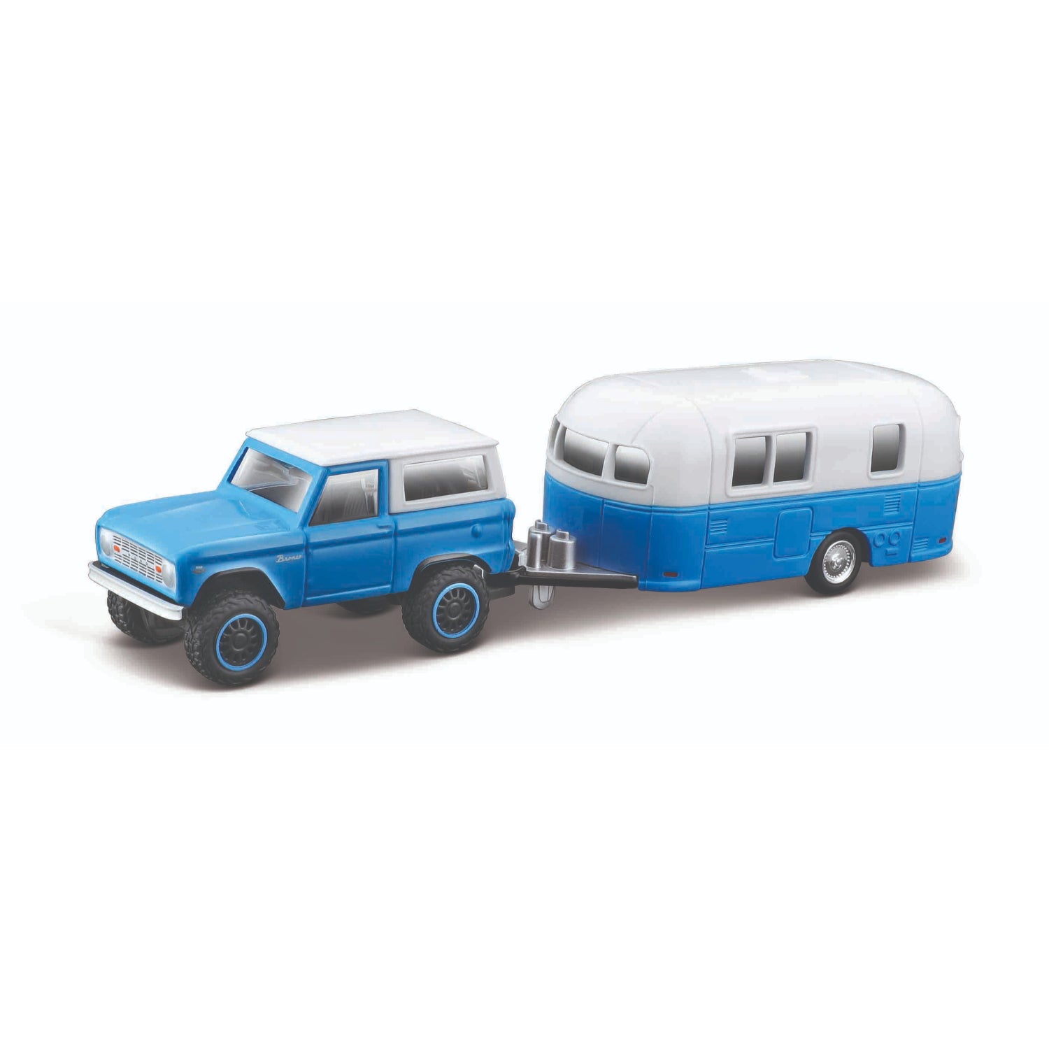 Carro azul con remolque blanco, vista lateral, juguete para niños