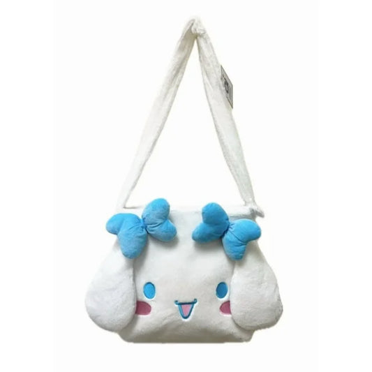 Cartera Sanrio blanca con cara de personaje y lazos azules