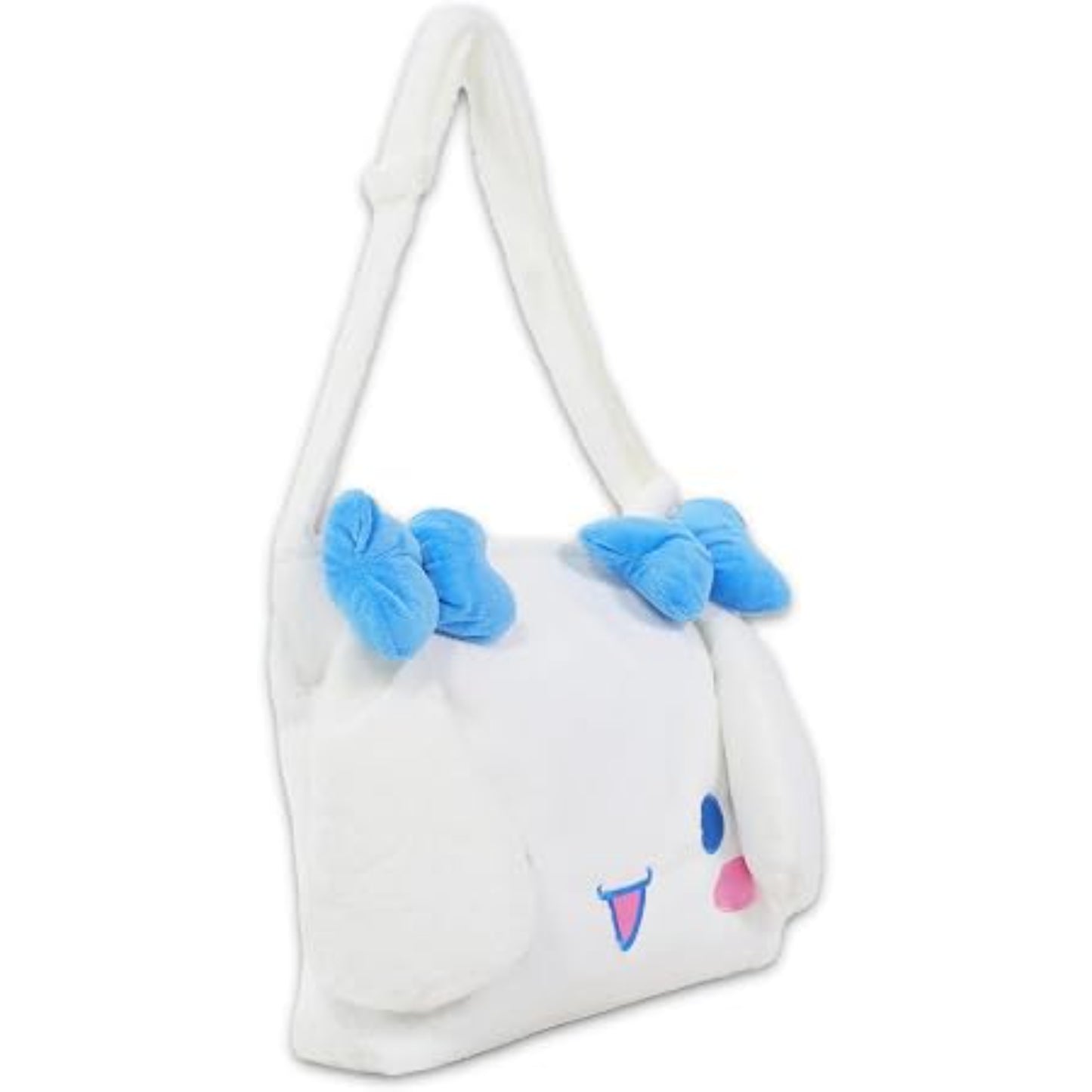 Cartera blanca de Sanrio con cara de personaje y lazos azules, vista lateral