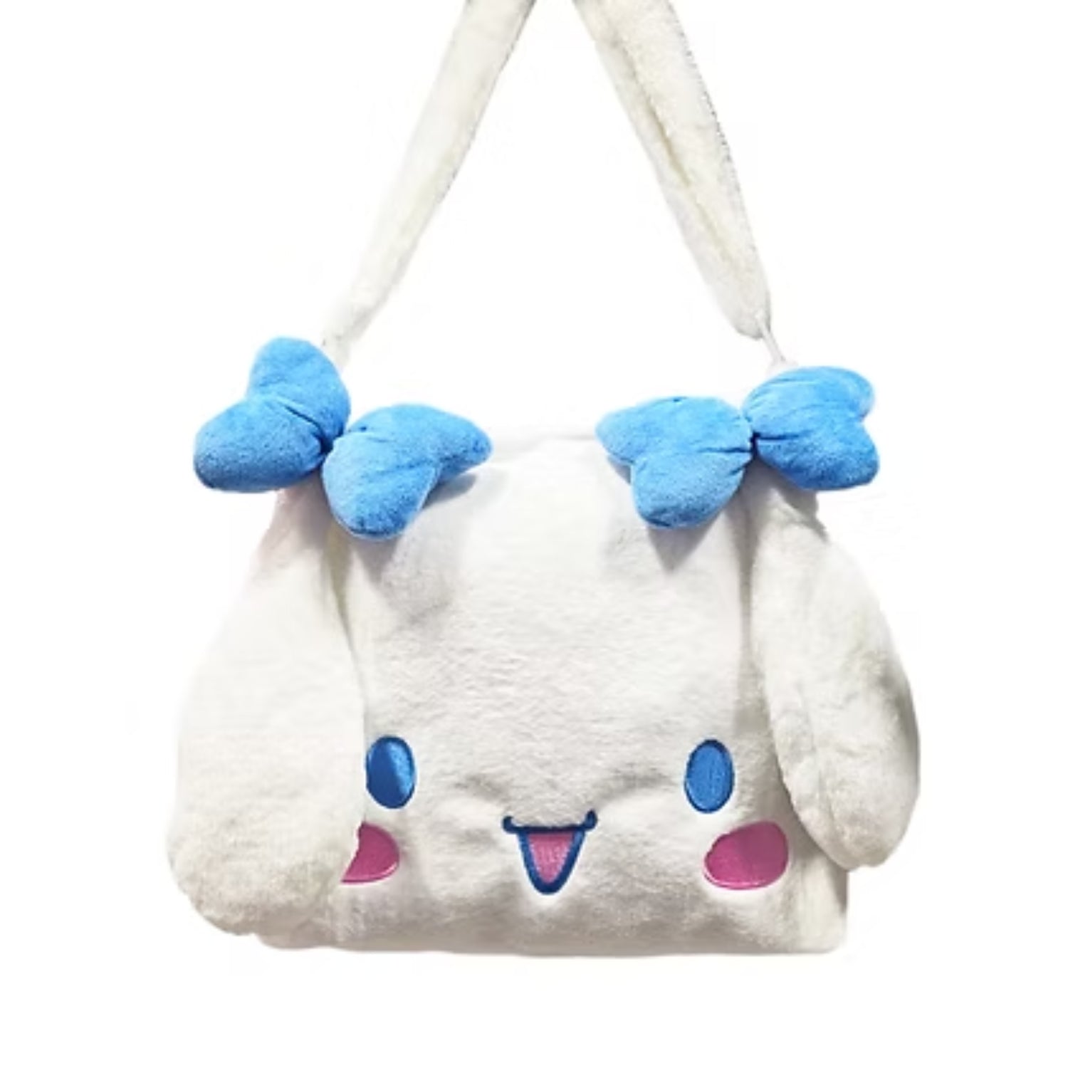 Cartera blanca con orejas de conejo y moños azules, ideal para fans de SANRIO