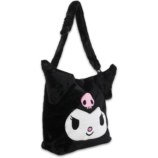 Cartera negra de Sanrio con diseño de personaje, vista lateral en fondo blanco.