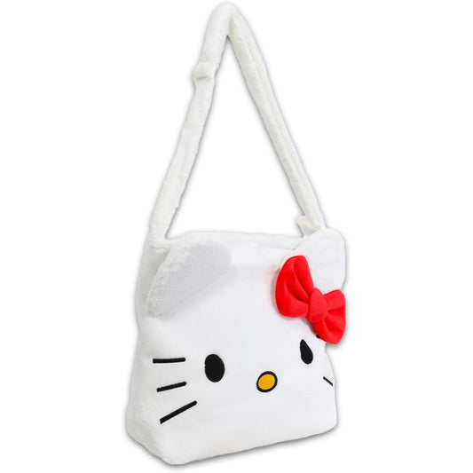 Cartera blanca de Hello Kitty con moño rojo, vista lateral, ideal para fans