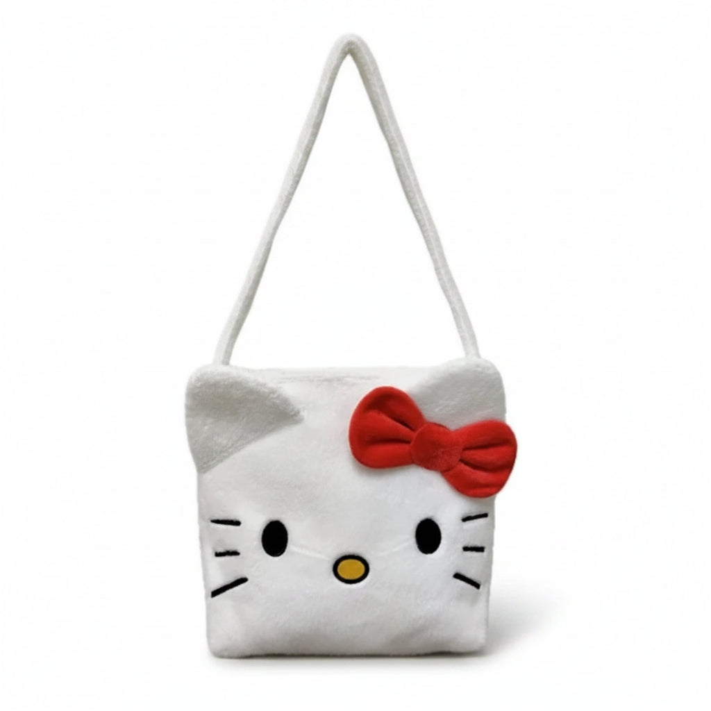 Cartera Hello Kitty blanca con moño rojo, vista frontal y diseño adorable.