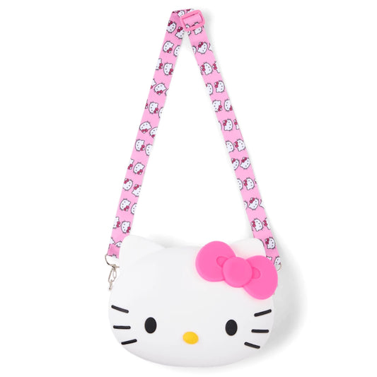 Cartera Hello Kitty blanca con strap rosa, vista frontal y diseño divertido.