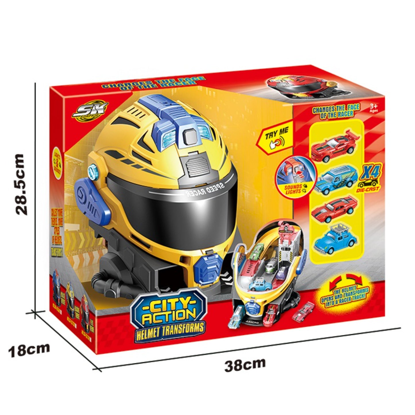 Caja de casco infantil amarillo con diseño transformable y coches de juguete, vista frontal