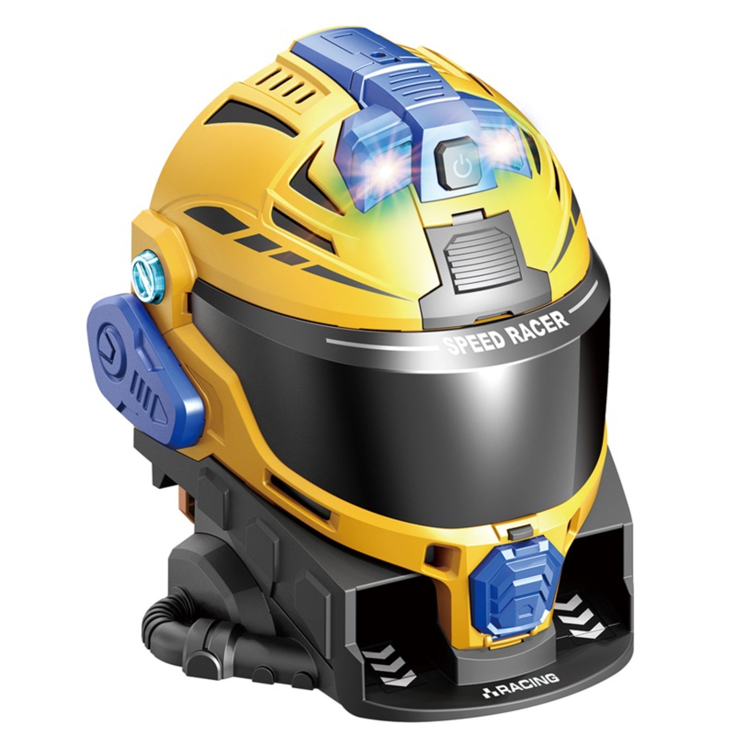 Casco infantil amarillo con luces, vista frontal y diseño de piloto de carreras