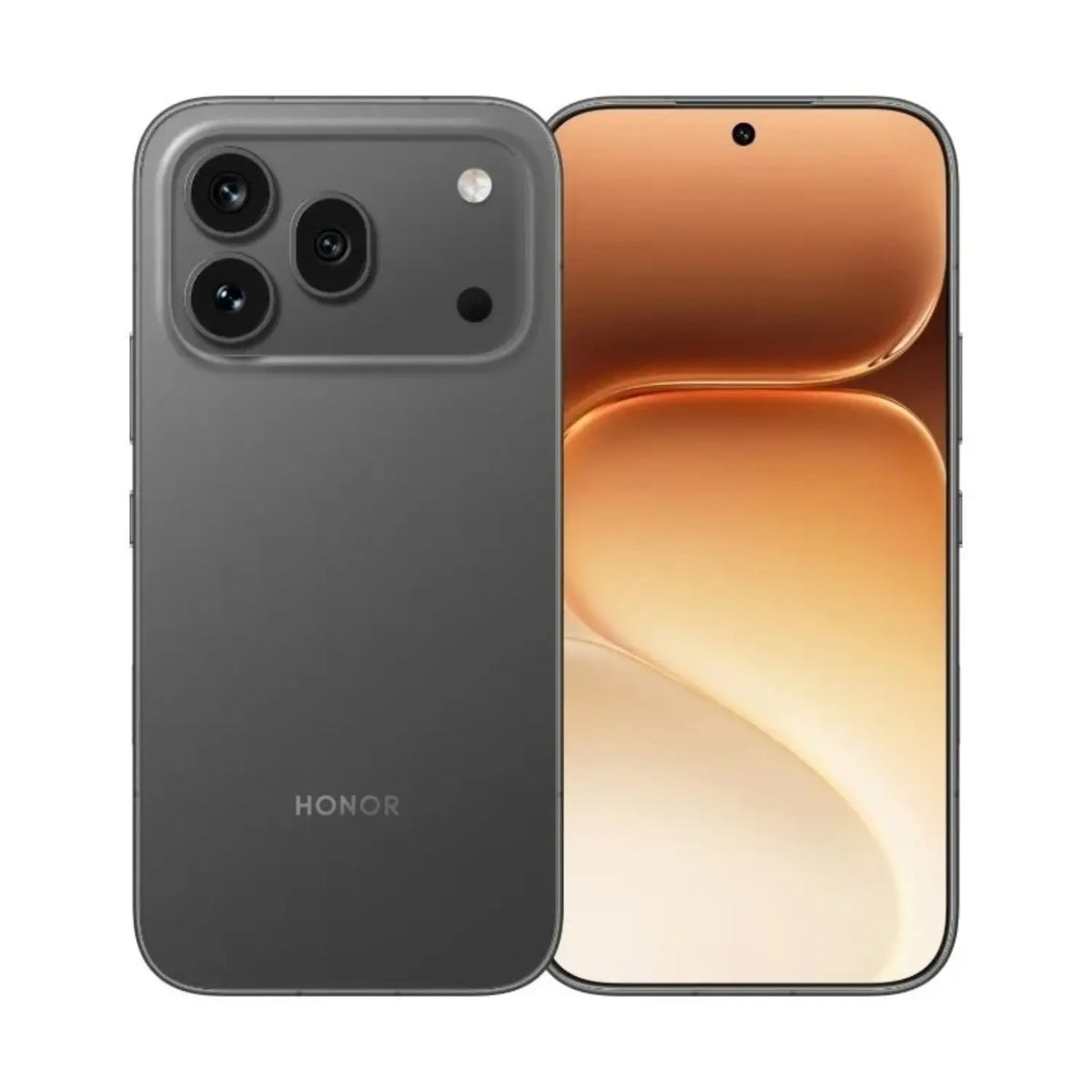 Celular Honor gris, vista frontal y trasera, diseño moderno y elegante