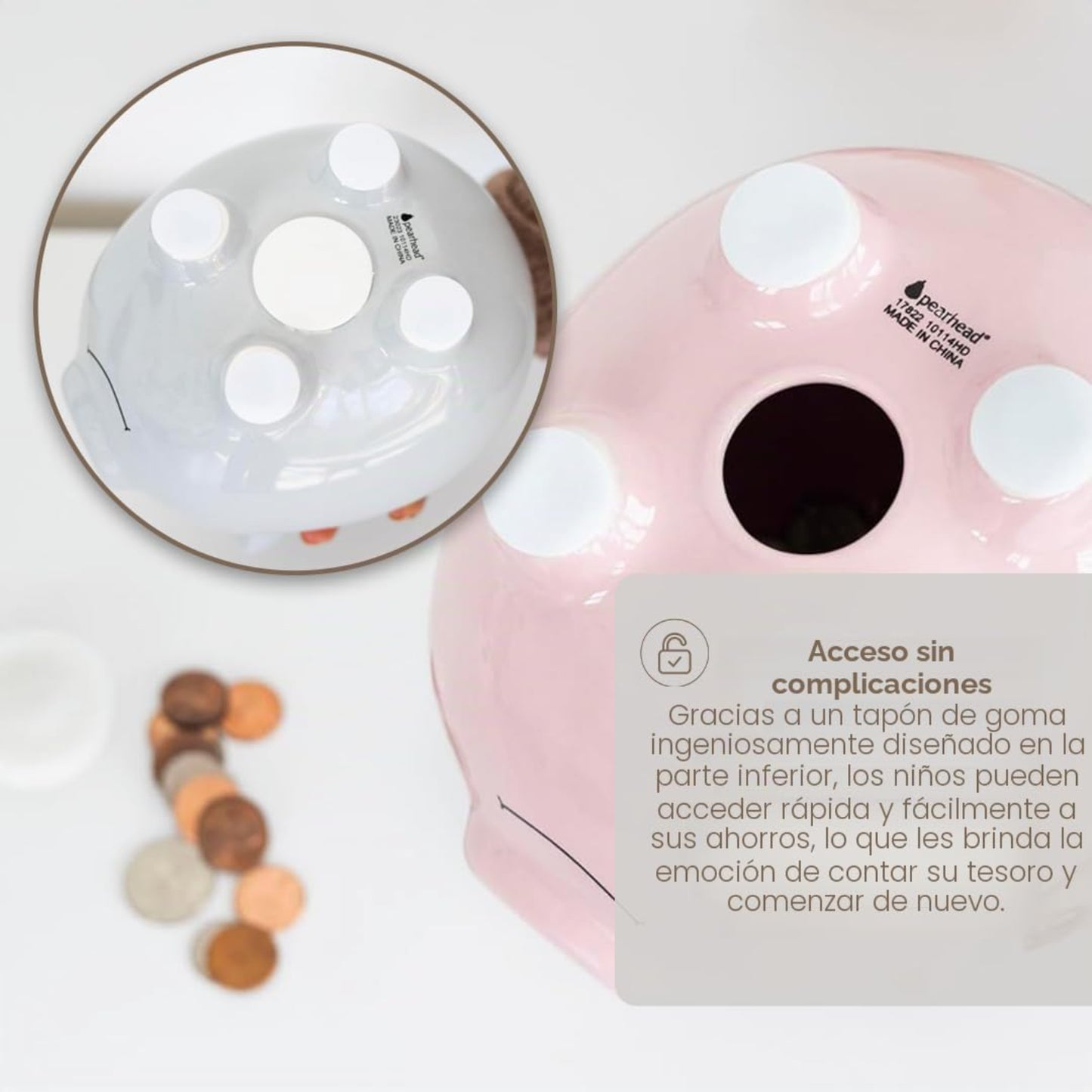 Hucha rosa de Pearhead vista superior, fácil acceso para monedas
