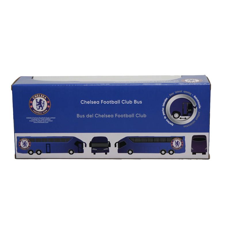 Bus del Chelsea Football Club en caja, modelo azul y detalles del equipo