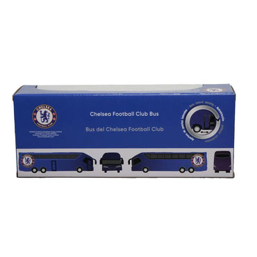 Bus del Chelsea Football Club en caja, modelo azul y detalles del equipo