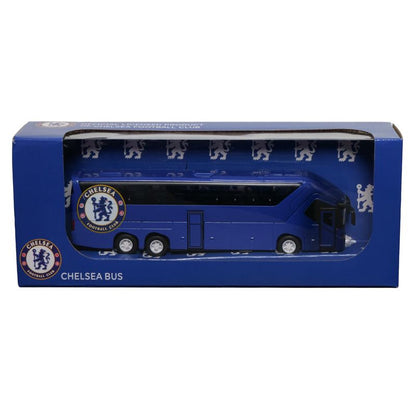 Autobús Chelsea azul, vista lateral, modelo de colección para aficionados al fútbol