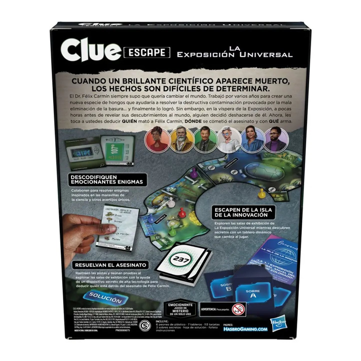 Juego Clue Escape Universal con tablero y tarjetas, vista trasera del empaque