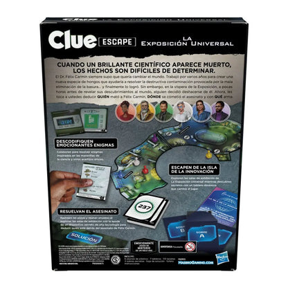 Juego Clue Escape Universal con tablero y tarjetas, vista trasera del empaque