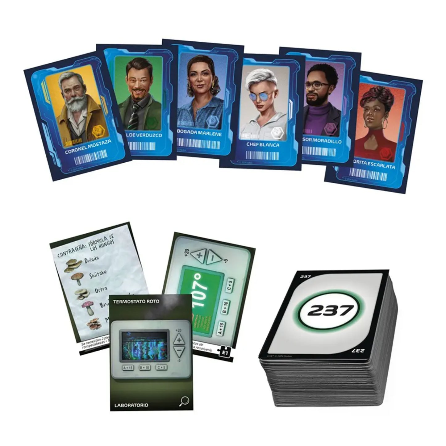 Cartas de juego de mesa en colores variados, vista frontal, con personajes e instrucciones