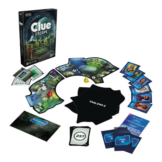 Juego de mesa Clue Escape, piezas y tablero con diferentes personajes y cartas