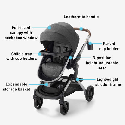 coche negro Graco con manija de cuero, asiento ajustable y canasta de almacenamiento