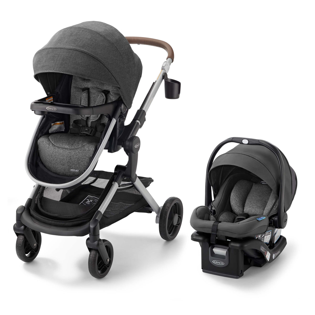 coche gris GRACO vista lateral con asiento de auto y carrito