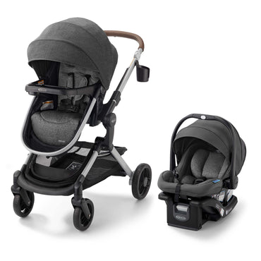 coche gris GRACO vista lateral con asiento de auto y carrito