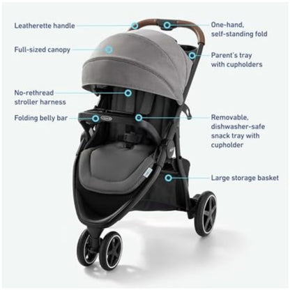 coche Graco gris con capota y bandeja para padres