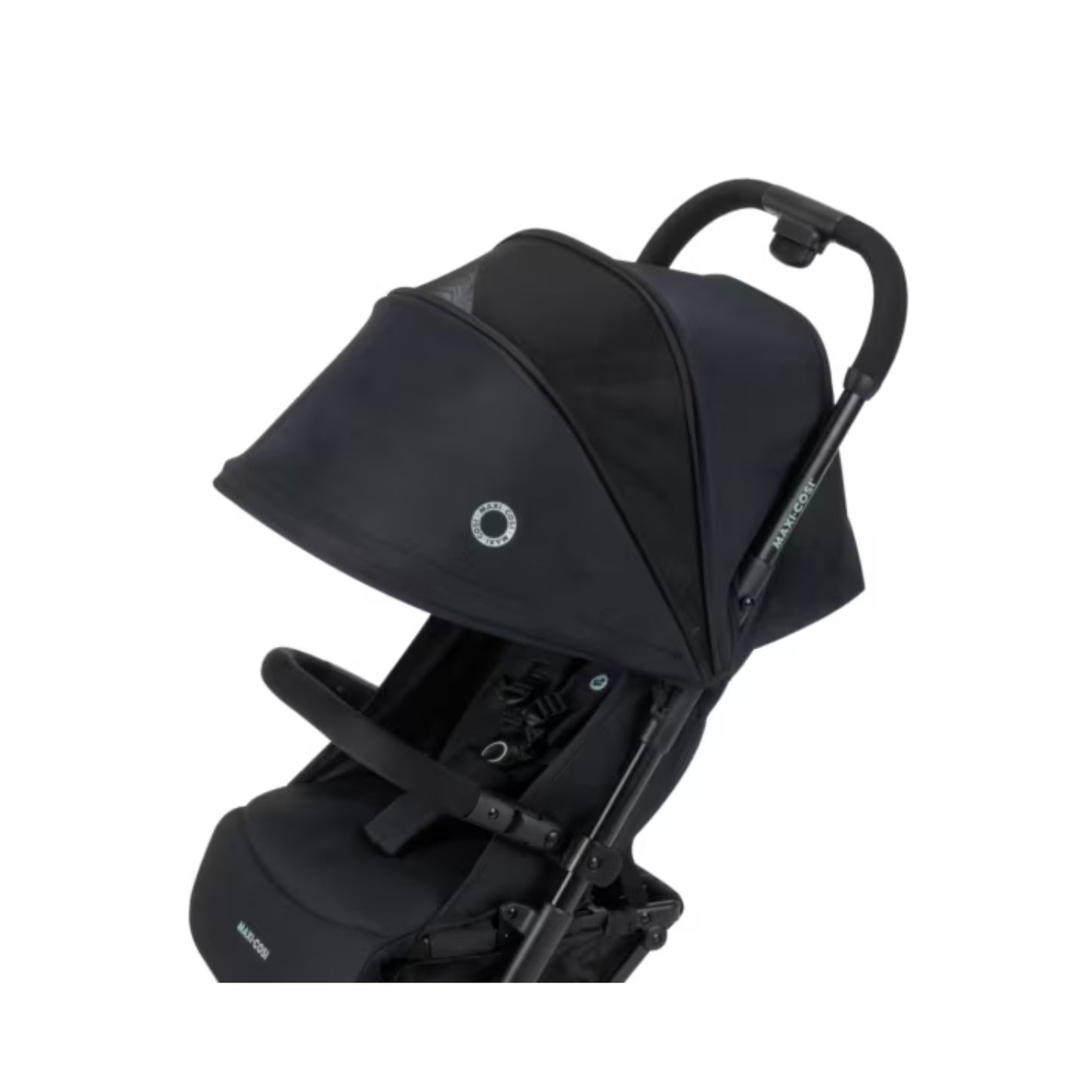 Coche de bebé Maxi Cosi negro, vista lateral con capota desplegada