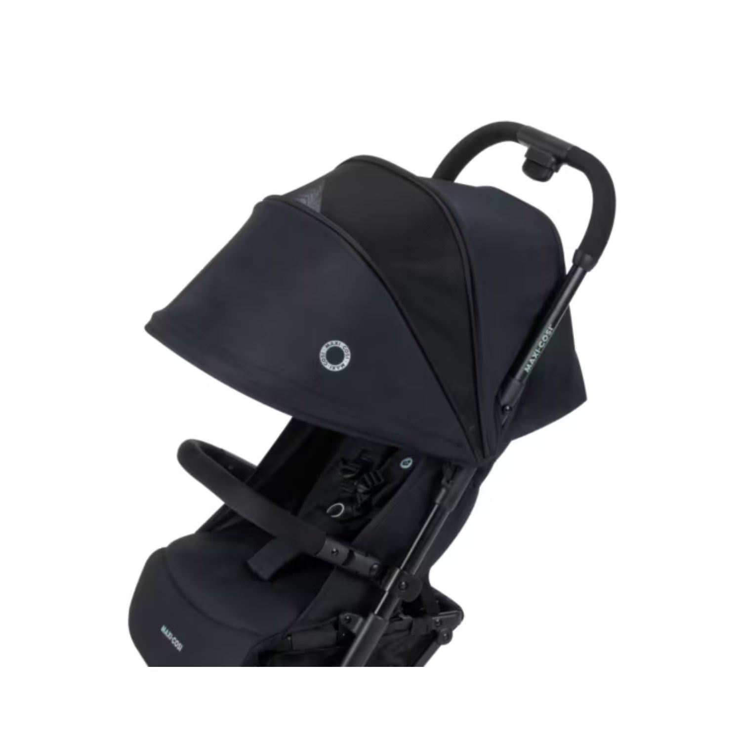 Coche de bebé Maxi Cosi negro, vista lateral con capota desplegada
