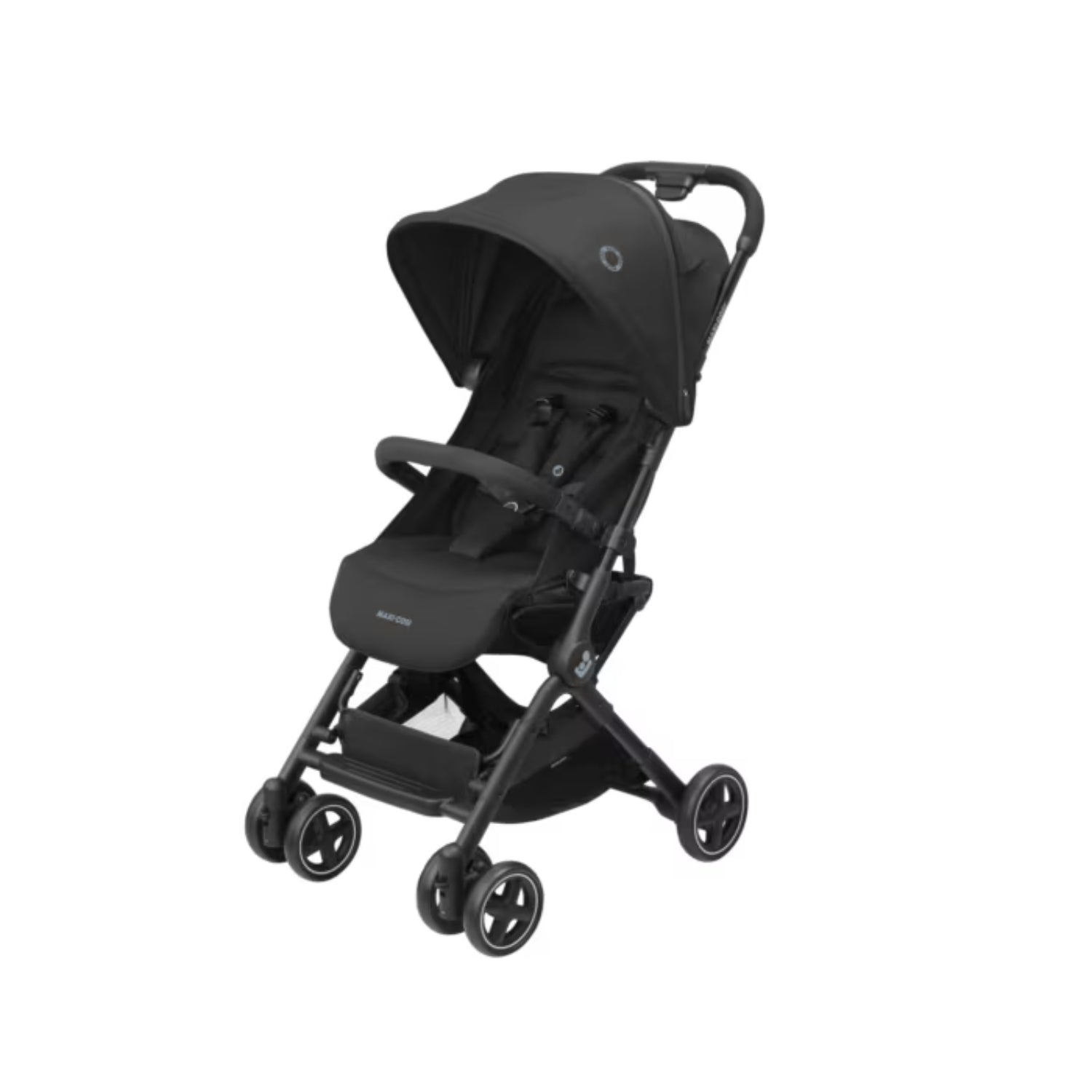 Coche Maxi Cosi negro lateral, ideal para paseos con bebés