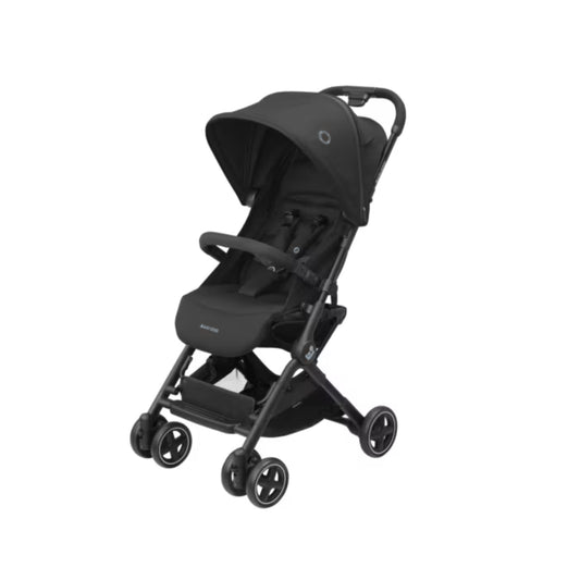 Coche Maxi Cosi negro lateral, ideal para paseos con bebés