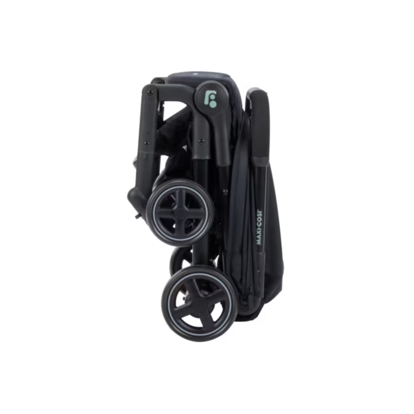 Coche Maxi Cosi plegado, vista lateral en color negro, práctico para el transporte