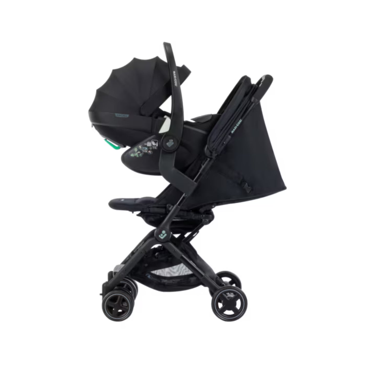 Coche Maxi Cosi negro lateral con capota ajustable y asiento reclinable