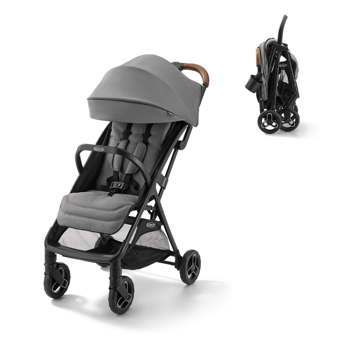 Cochecito gris GRACO, vista frontal y plegada, ideal para paseos