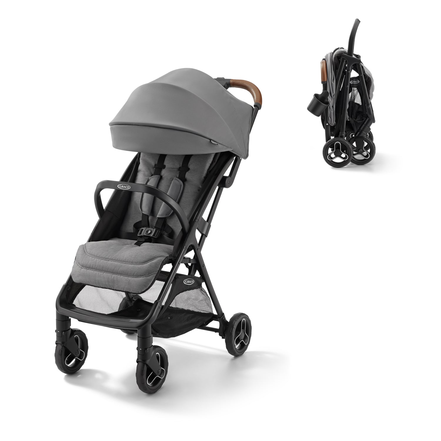 Cochecito gris GRACO, vista frontal y plegada, ideal para paseos
