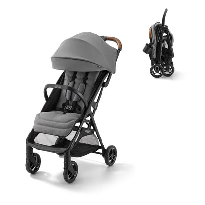 Cochecito gris GRACO, vista frontal y plegada, ideal para paseos