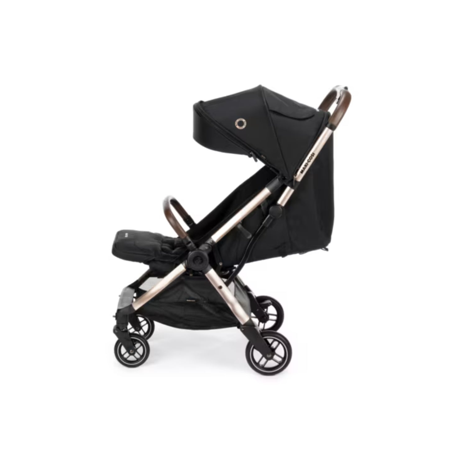 Coche de bebé negro MAXI COSI de lado, óptimo para paseos y comodidad.