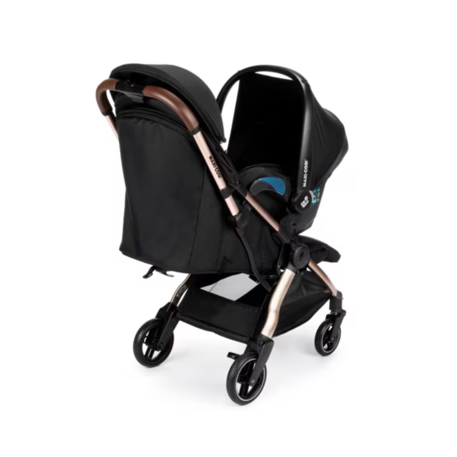 Coche para bebé negro de MAXI COSI, vista lateral con capota y manillar