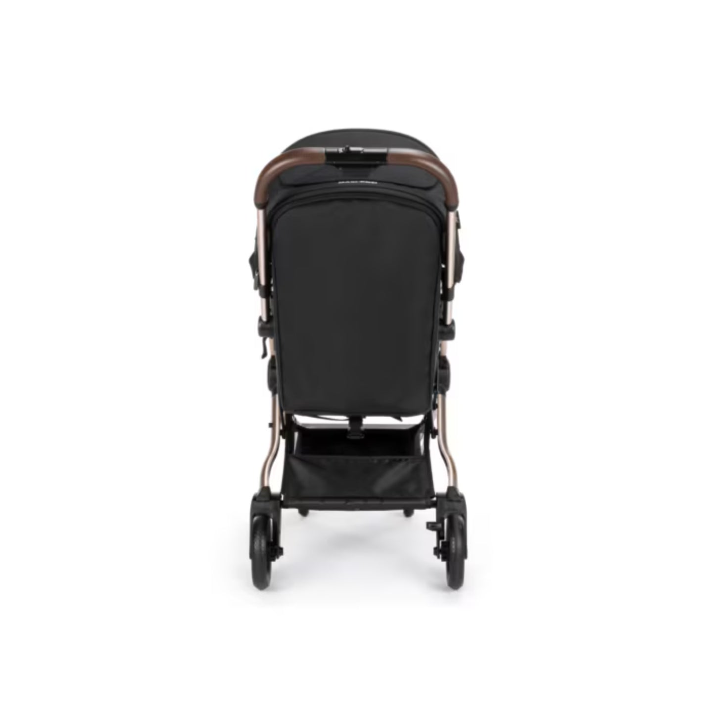 Coche Maxi Cosi negro, vista trasera con ruedas y soporte
