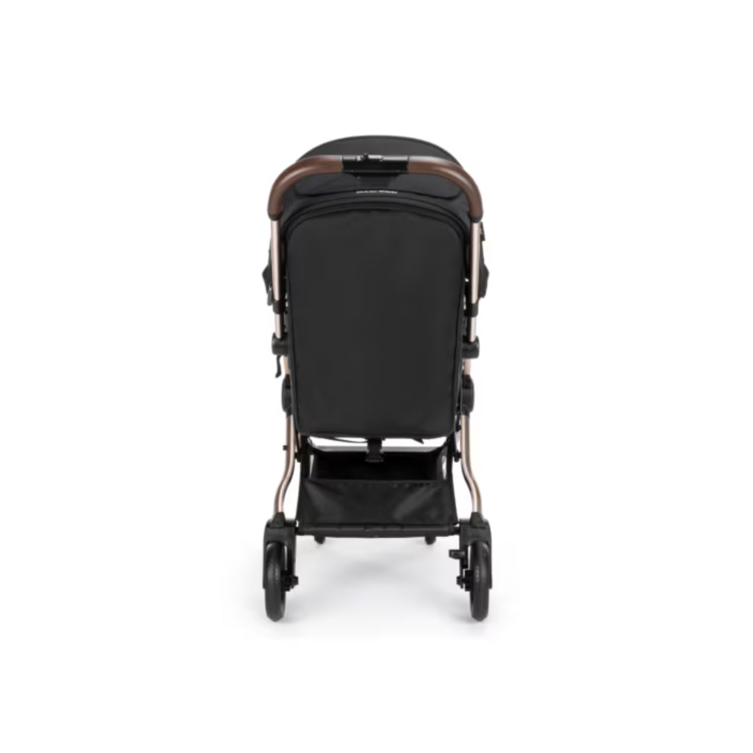 Coche Maxi Cosi negro, vista trasera con ruedas y soporte
