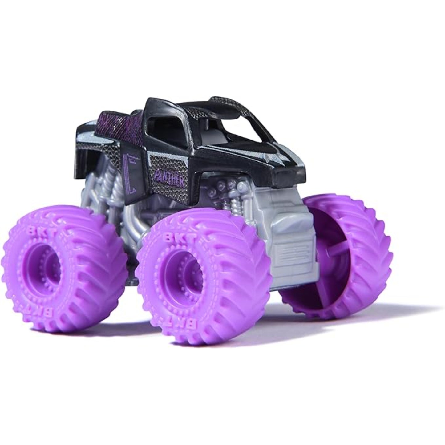 Coche de juguete Monster Truck negro y morado, vista lateral, ideal para juegos al aire libre