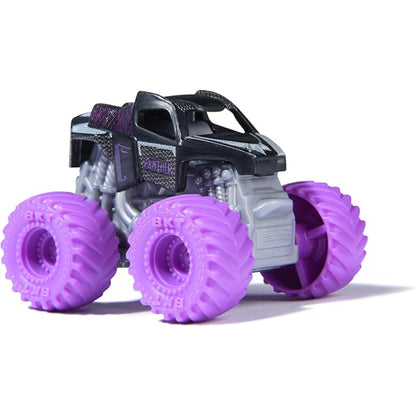 Coche de juguete Monster Truck negro y morado, vista lateral, ideal para juegos al aire libre