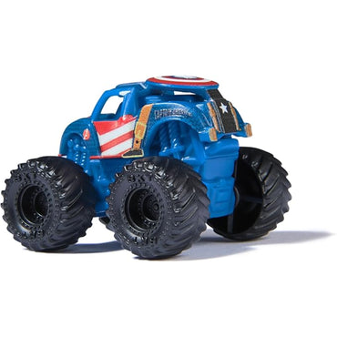 Coche de juguete azul con diseño de Capitán América, vista trasera, ideal para niños