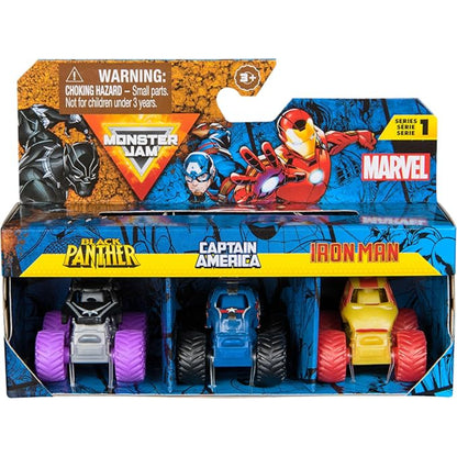 Coches de juguete Monster Jam Marvel, Black Panther, Captain America e Iron Man en caja