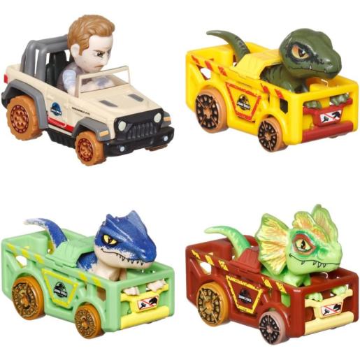Coches Hot Wheels de Jurassic World, modelos de dinosaurios en colorido diseño.
