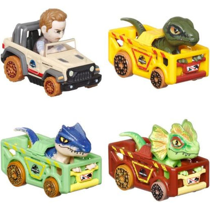 Coches Hot Wheels de Jurassic World, modelos de dinosaurios en colorido diseño.