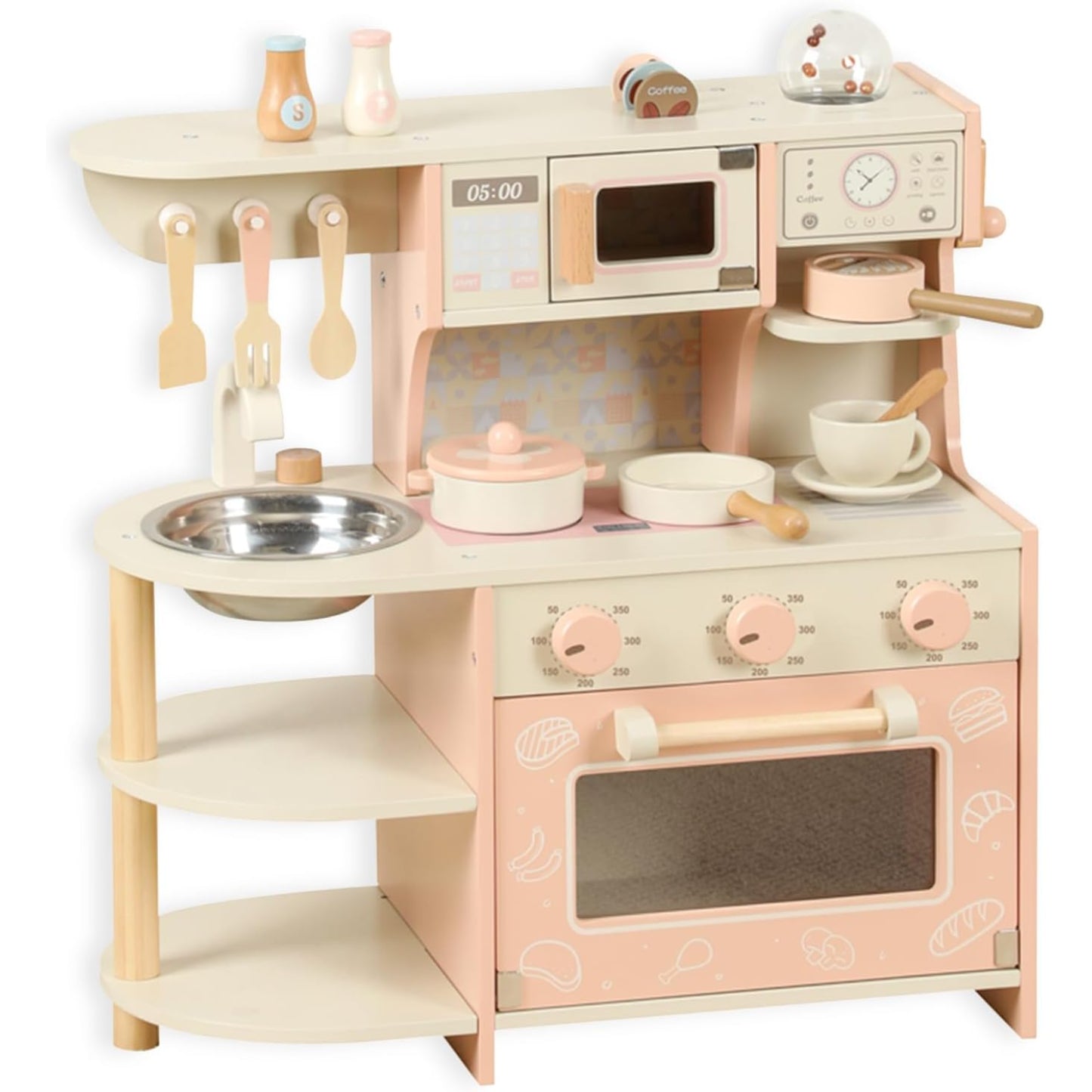 cocina de juguete rosa, vista frontal con horno y utensilios