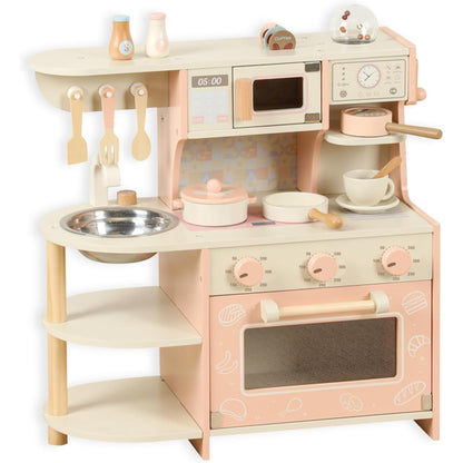 cocina de juguete rosa, vista frontal con horno y utensilios