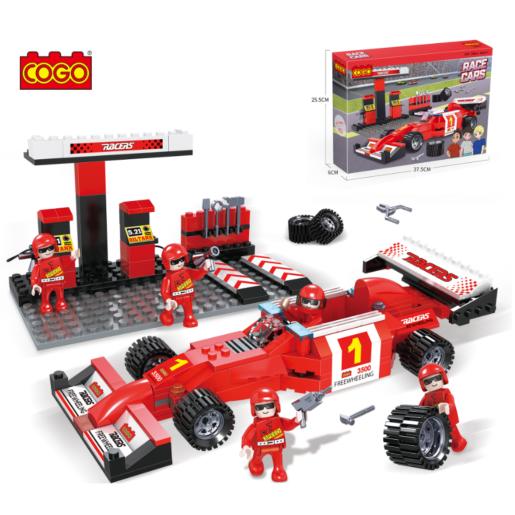 Juego de construcción de COGO, coche de carrera rojo con estación de gasolina, carretera de la estación.