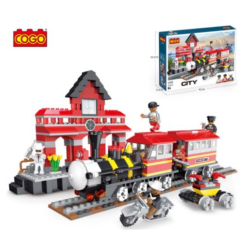 Tren de juguete COGO rojo y negro con estación, bloques de construcción
