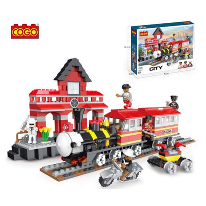 Tren de juguete COGO rojo y negro con estación, bloques de construcción