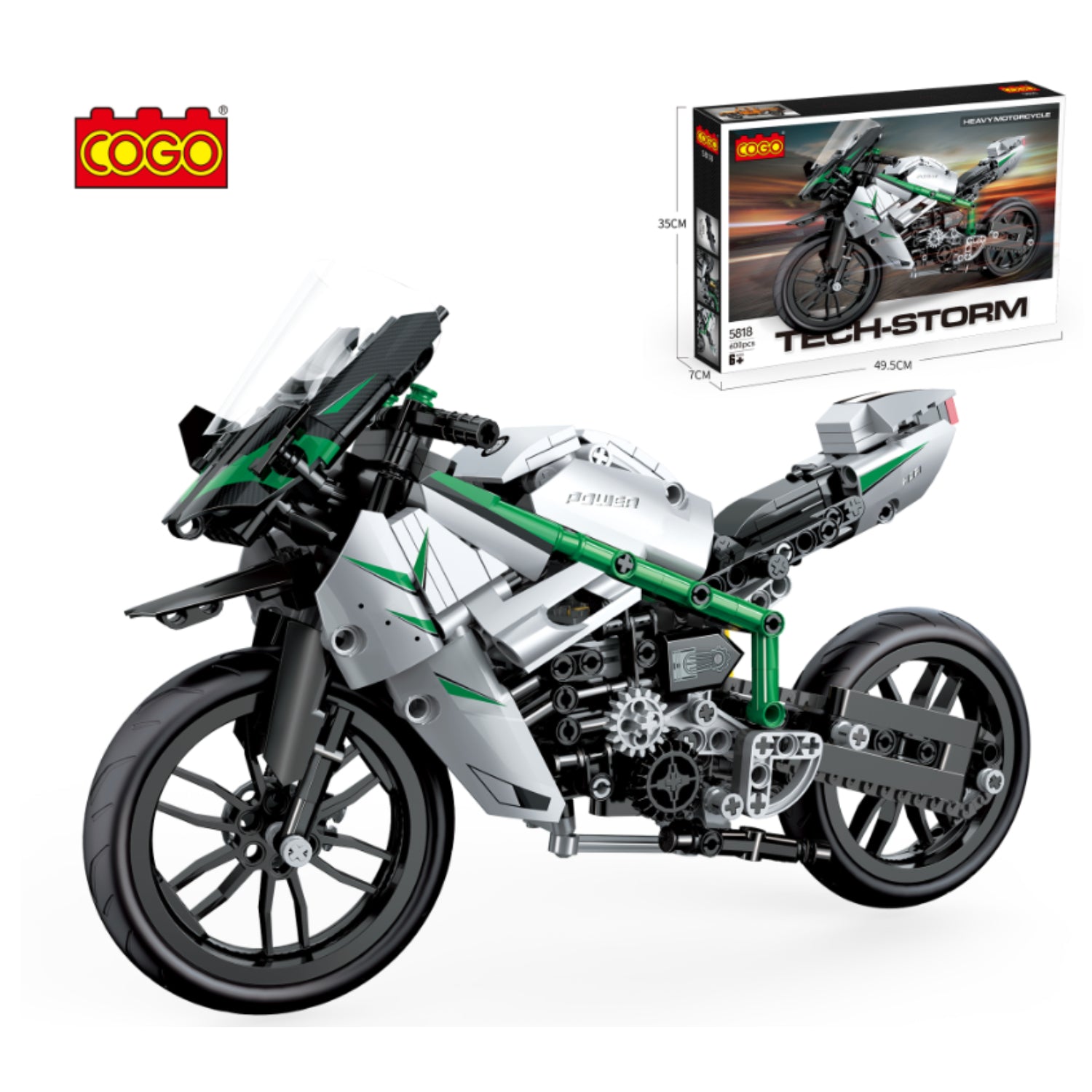 Modelo de moto G P de COGO, vista lateral, detalles de ensamblaje técnico